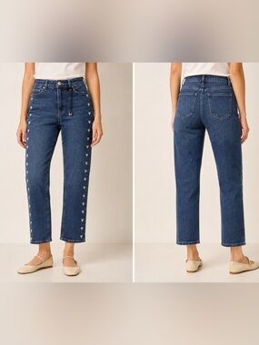 Straight-Leg High-Rise Jeans with Heart Side Detail - Blue